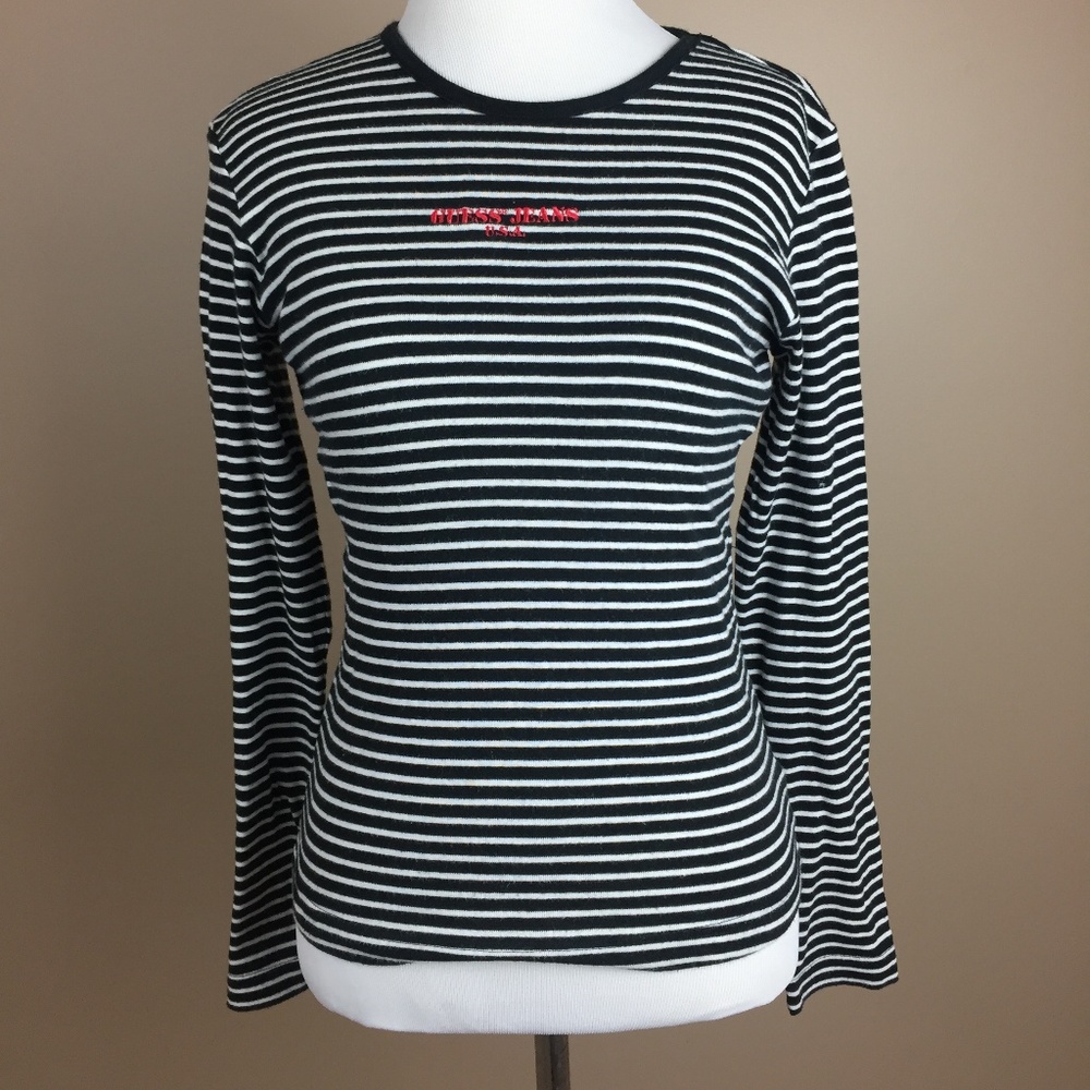 Vintage Guess Black White Striped Embroidered Tee